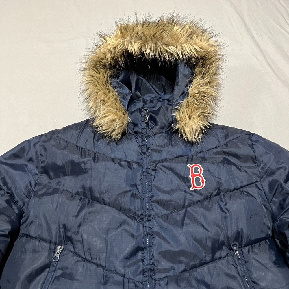 G-III Sports Carl Banks Womens Blue Boston Red Sox Faux Fur Puffer Jacket XL - Picture 3 of 8